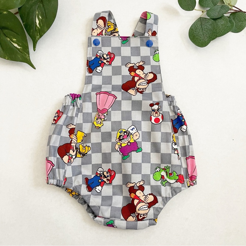 Handmade Gray Checkered Mario Print Baby Bubble Romper
